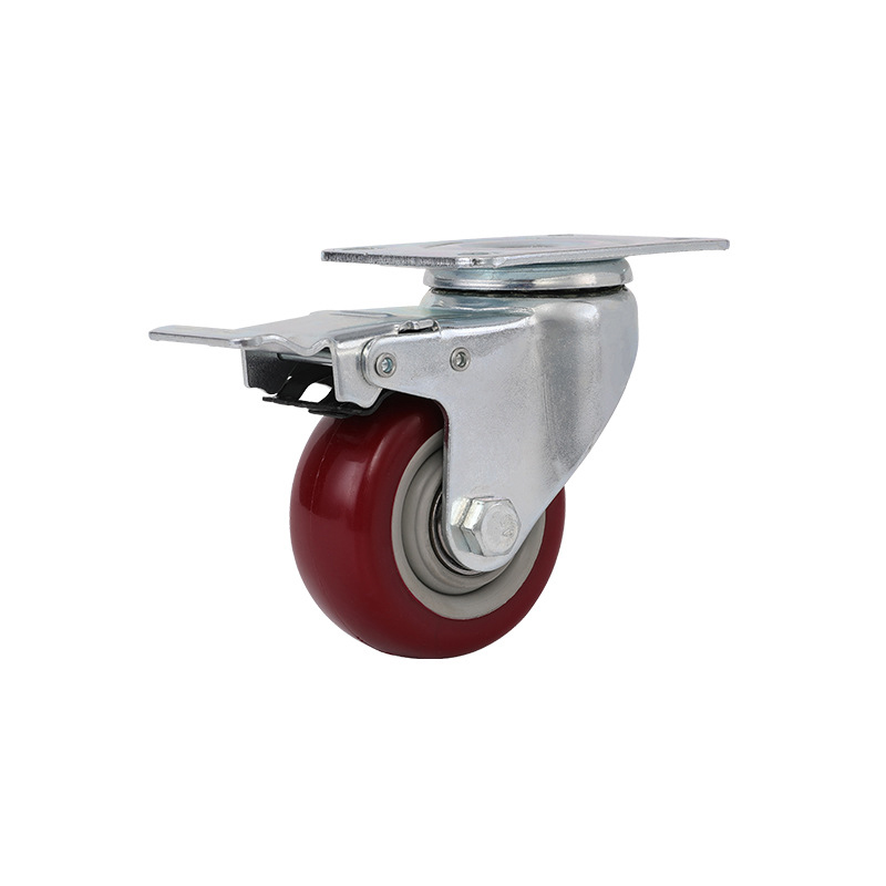 Caster Wheels Swivel Plate With Brake On Red Polyurethane Wheels (3 Inch With Brake)