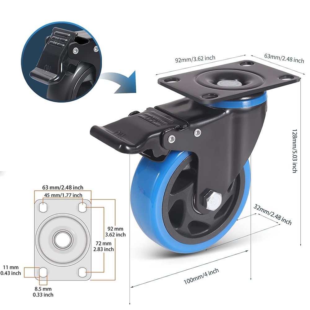 4" Caster Wheels Set of 4, Heavy Duty Casters with Brake, Safety Dual Locking Casters, No Noise Wheels with Polyurethane Foam, Load 2200LBS