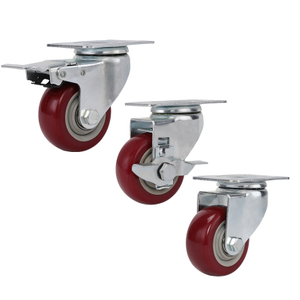 Caster Wheels Swivel Plate With Brake On Red Polyurethane Wheels (3 Inch With Brake)
